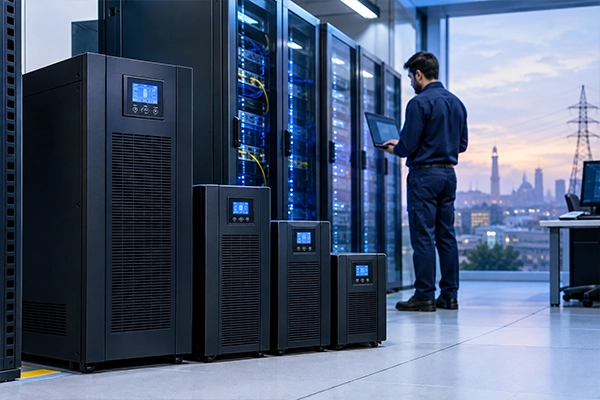 Engineer inspecting an online UPS system at a Pakistani facility in Karachi