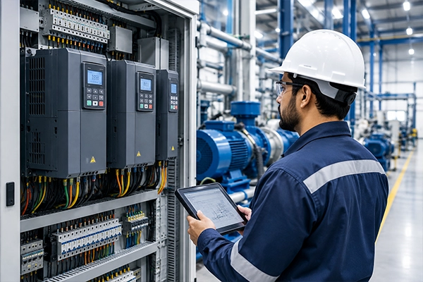 Engineer inspecting a variable frequency drive panel at a factory in Lahore, Pakistan