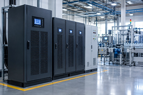 Three-phase industrial UPS cabinet protecting production equipment in a Pakistani factory