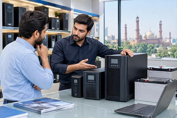 Line-interactive UPS and battery bank installed in a Lahore office for load-shedding backup